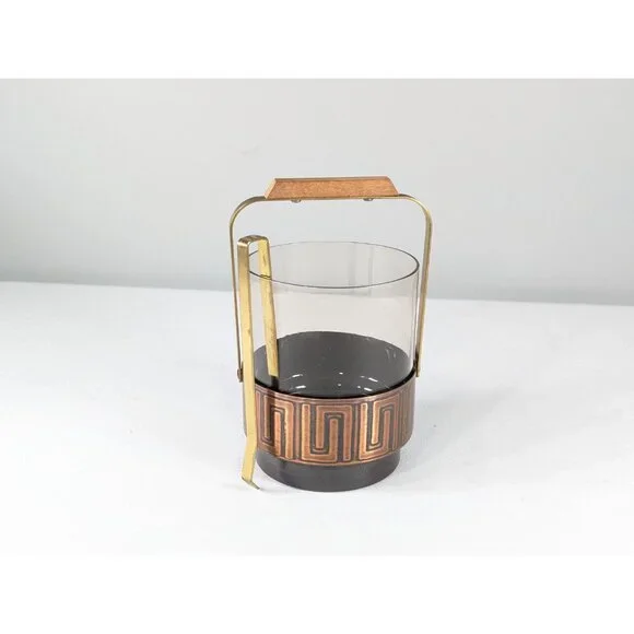 Small MCM ice bucket, Scandi style brass copper smoky glass with original brass - Picture 2 of 8